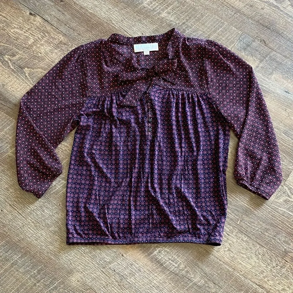 LOFT Blouse Bow Collar Top Preppy Navy Wine XS Relaxed Fit - Picture 5 of 10